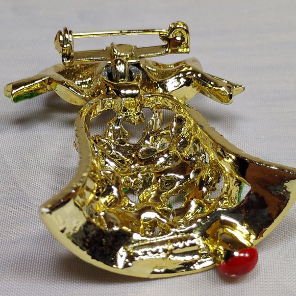 Christmas Holiday Rhinestone Gold Dangler Bell Brooch Sparkler Pin Red Green - Picture 4 of 7